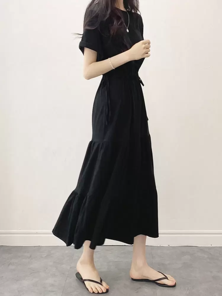 Solid Drawstring Waist Layered Hem Dress,Ladies Casual Drawstring,Ruffle Hem Round Neck Regular Fit Long Black Roll Up Sleeve Plain A Line Women Long Dresses,Spring/Summer,Casual Daily Wear Sundress Maxi Dress