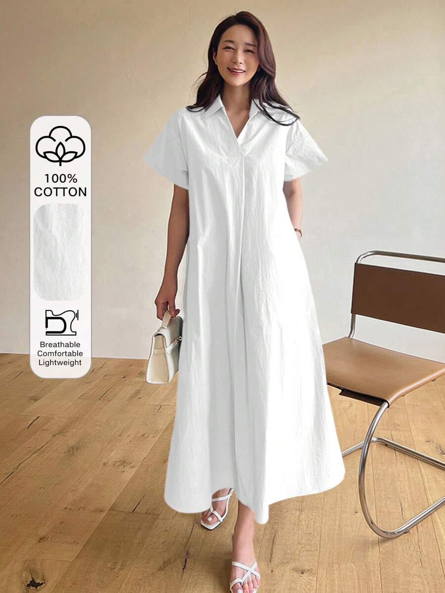 DAZY Đầm suông dài thường ngày cổ chữ V màu trơn có túi xéo Đầm sơ mi suông - trắng - Xem 1