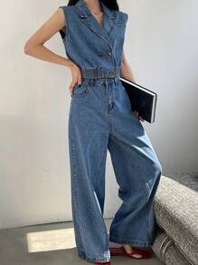 DAZY 1 Set Women Washed Denim Cropped Vest And Wide Leg Pants - Medium Wash - View 3