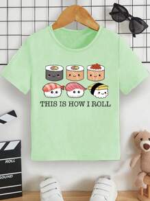 Cute Cartoon Sushi Graphic Casual Minimalist Style Printed Comfortable T-Shirt For Boys, Suitable For Summer, School & Sports