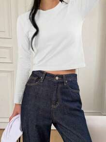 DAZY 女士纯色圆领长袖休闲宽松 T 恤，春夏 - 白色 - 查看 3