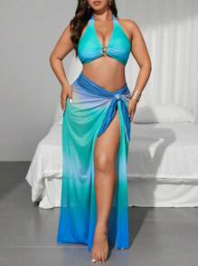 SHEIN Swim Oasis Plus Size 3-Piece Swimwear Set: Starfish Accent Multi-Color Placement Print Swim Cover-Up For Women, Summer Beach Vacation - Multicolor - View 4