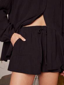 WESTFADE Conjunto de 2 piezas de vacaciones de primavera con camisa ancha abotonada con volantes y shorts con cordón y lazo frontal a media cintura con volantes
