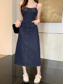 DAZY Women's Long Casual Denim Overall Dress With Pockets Sundress