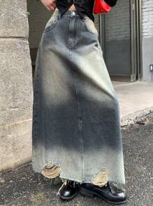 DAZY 女士口袋做旧磨损下摆长款休闲牛仔裙夏季牛仔裙 - 藍色 - 查看 3