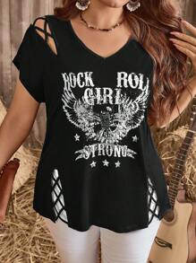 SHEIN LUNE 大码休闲度假字母印花镂空T恤 大码西部风T恤图案上衣 朋克音乐节T恤 摇滚图案T恤 女式休闲T恤 波西米亚风女式上衣 女式西部风T恤 草原音乐节T恤 草莓音乐节T恤 朋克T恤 音乐会女式 狂欢节狂欢T恤 女式夏季度假 夏季上衣 女式图案T恤 夏季新款 夏季新款 - 黑色 - 查看 6