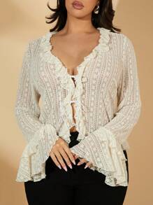 SHEIN BAE Plus Size Women's Spring & Summer Peach Sexy Minimalist Tie-Up Long Sleeve Ruffle Trim Sweet Lace Blouse, Suitable For Valentine's Day, Party, Romantic Date,Concert Women,Summer,Concert Women,Country Concert,Elegant,Vacation Woman,Vacation;Casual,Business Casual Woman,Western Wear Women,Cute,Office For Women,Wedding Guest Women,Club Women Sexy,Graduation,Brunch For Women,Spring,Easter Basket,Holiday,Lace Shirt,Mesh Top,Graduation