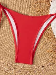 SHEIN Swim Beach Outfits For Women, Solid Color Handmade 3D Flower Sexy Bikini Set For Summer Beach Vacation - Red - View 4