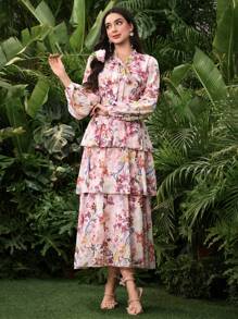 Modelyn Women's Long Sleeve Digital Printed Three-Tier Dress - Pink - View 6