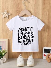 SHEIN Playful Pals 男婴休闲可爱字母标语印花圆领短袖 T 恤，夏季 - 白色 - 查看 3