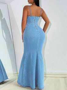 SHEIN Lady 女士性感修身牛仔吊带连衣裙，蓝色 - 淺色水洗藍 - 查看 2