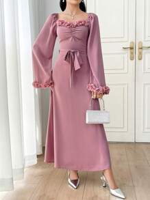 Modelyn 女士优雅花朵系带腰部浪漫长裙 - 粉色 - 查看 6