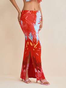 Eva Novielli Designer Spring And Summer Printed Mesh Pencil Side Split Vacation Long Skirt, Spring Break, Ibiza Fits - Multicolor - View 4