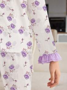 SHEIN Tween Girl Tulip Print 2 Pieces Lounge Set With Long Sleeve Top And Pants, Minimalist Design, Purple