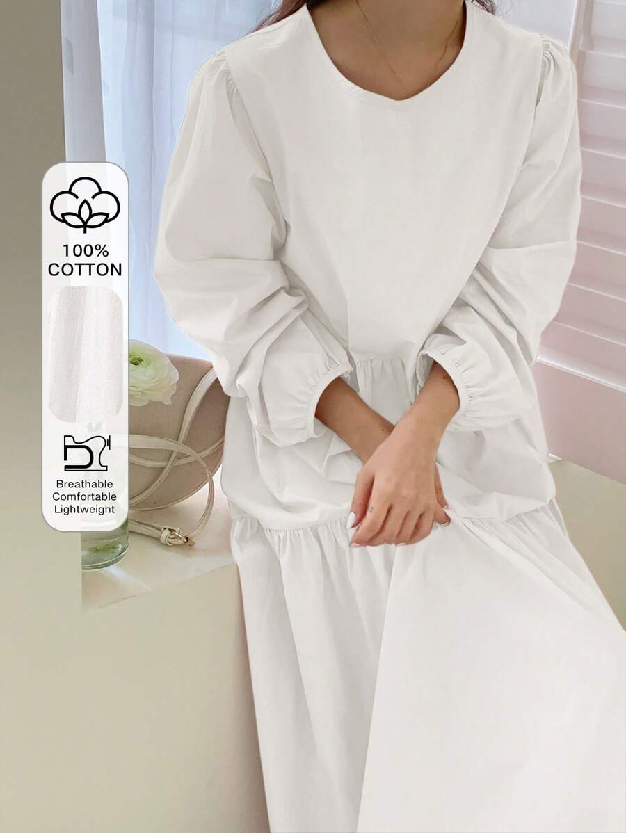 DAZY Women Loose Solid Simple Lantern Sleeve Dress,Ruffle,Fall Dress Long Sleeve Dress - White - View 1