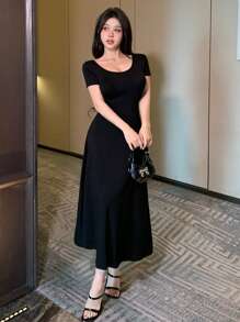 DAZY 纯色露背蝴蝶结中长连衣裙，女士舞会礼服，优雅太阳裙 - 黑色 - 查看 7