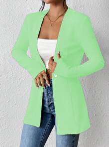 Chiquease Women's Solid Color Collarless Cinched Waist Casual Jacket - Olive Green - View 7