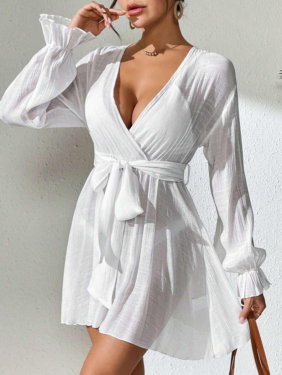 SHEIN Swim 女士休闲纯色 V 领交叉罩衫连衣裙 - 白色 - 查看 1