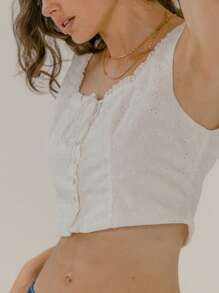 Aralina 可爱孔眼刺绣波西米亚风纽扣前蝴蝶结夏季荷叶边饰边上衣 - 白色 - 查看 3