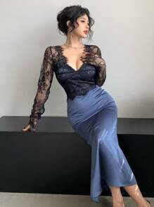 DAZY 性感修身派对/婚礼宾客礼服，网眼、蕾丝和缎面拼布 V 领幻觉礼服舞会礼服优雅秋季礼服长袖礼服 - 寶藍色 - 查看 2