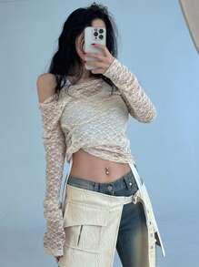 DAZY 女士蕾丝透视斜肩衬衫，春夏季节日长袖女士上衣，秋季女士服装 - 杏色 - 查看 5