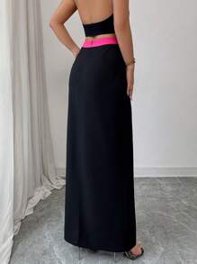 Elenzga Falda midi recta de cintura alta elegante con acento de lazo y contraste de color, versátil para el trabajo y el día a día