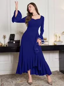 Modelyn Women's Extra Long Bell Sleeve Asymmetrical Ruffle Hem Dress, Spring/Summer
