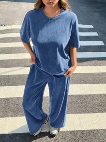 Muchica Plus Size Spring Summer Vintage Acid Wash Relaxed T-Shirt + Wide Leg Pants Loose 2 Pieces Set, Outfit Casual Sets For Women - Blue - View 5