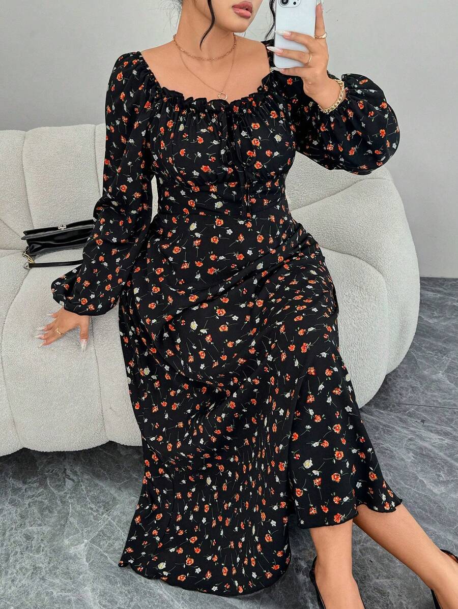 Modelyn Plus Size Woven Printed Fitted Ruched A-Line Dress - Black - View 1