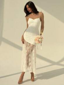 Aloruh Vestido de novia de encaje blanco con volantes ajustados hasta el piso, sin mangas, para primavera/verano - Blanco - Ver 1