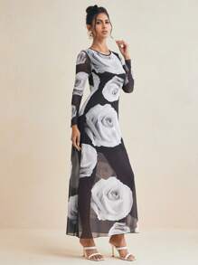 HANNA ALEKSANDRA Designer Black & White Rose Printed Mesh Elegant Dress, Concert Outfit, Wedding Prom Dress, Rave - Black and White - View 5