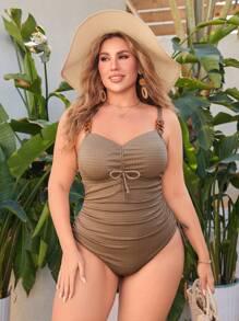SHEIN Swim Curve Plus Size Women One-Piece Elegant Chain Strap Ruched Slim Fit Swimsuit, Suitable For Vacation For Summer - Brown - View 3