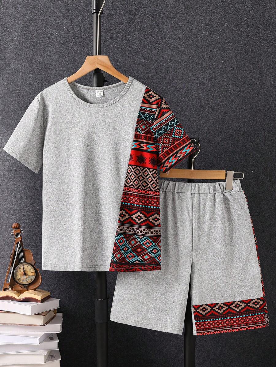 SHEIN Tween Boy Vacation Casual Geometric Print Mix Matching Short Sleeve Top And Shorts Set - Light Grey - View 1