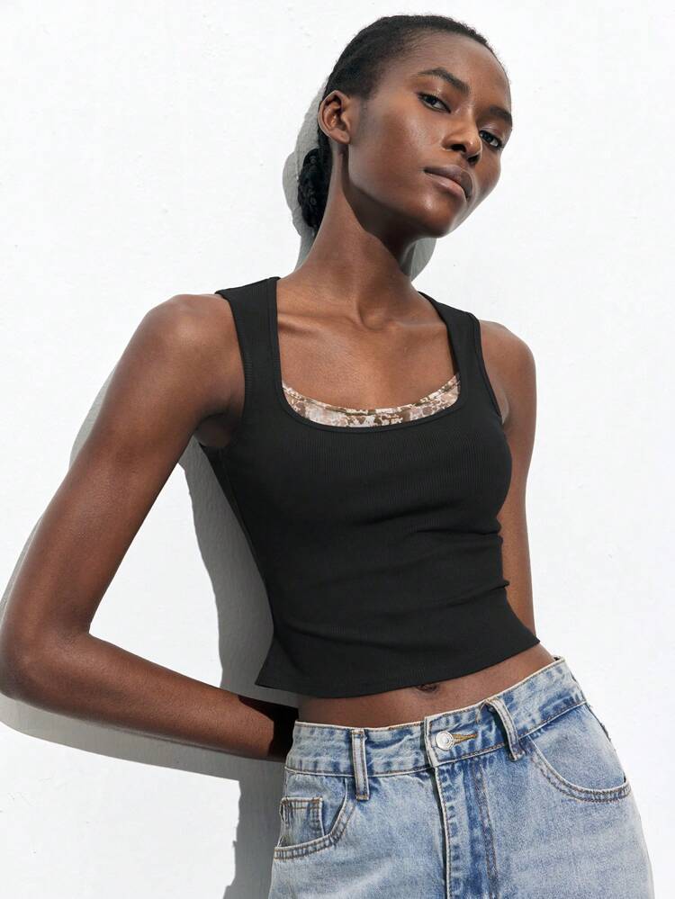 SHEIN Maija New Spring And Summer Black Splicing Leopard Print 2 In 1 Waist Sexy Urban Vacation Modern Elegant Romantic Women's Tops Suitable For Going Out Holiday Party Music Festival Old Money Style