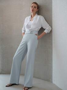 SHEIN x PRISCILA & JIMENA MOTF PREMIUM METAL STRAIGHT LEG SUIT PANTS - Dusty Blue - View 7