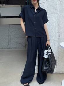 DAZY Women 2pcs/Set Single-Breasted Short Sleeve Blouse And Tie-Waist Wide Leg Pants