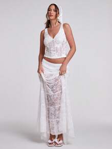 SHEIN BAE Women's Elegant Solid Color Lace Cropped Camisole - White - View 4