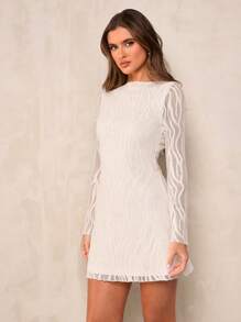 SHEIN BAE Vestido corto de mujer elegante con encaje transparente, puños de encaje con estampado de cebra y mangas de campana, sexy y atractivo, apropiado para festivales de música, carnavales, conciertos y salidas, con estilo bohemio - Beis - Ver 6