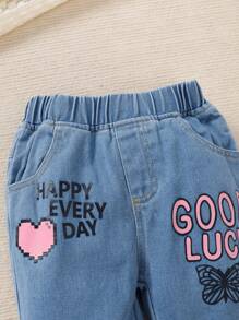 2pcs Girls Casual Cute Comfortable College Style Sweatshirt Top With Patchwork Design & Letter Print Denim Pants Set, Autumn/Winter - Red - View 5