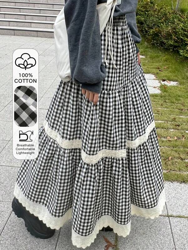 FRIFUL Women's Autumn Casual Plaid Contrast Lace Trim Skirt