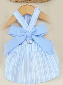 PETSIN Vestido a rayas con decoración de moño azul, elegante y delicado, apropiado para mascotas pequeñas, para primavera/verano - Azul - Ver 3