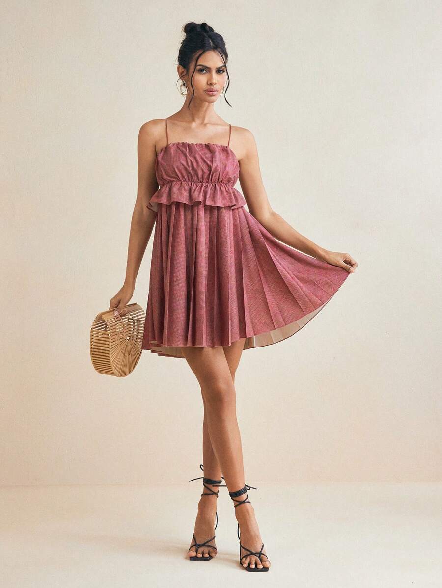 LEIMA STUDIO Designer Printed Spaghetti Straps Ruffled Neckline Pleated ...