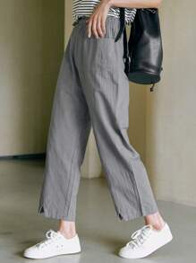 DAZY Solid Elastic Waist Trousers - Grey - View 9