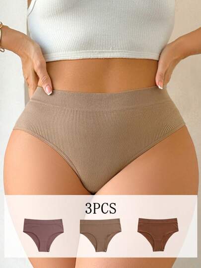 3pcs/Set Seamless Plus Size Women Ribbed Bikini Briefs