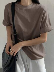 DAZY Màu thuần Vòng cổ Lỏng lẻo phù hợp Giải trí Áo thun Cho mùa hè - Màu nâu  Mocha - Xem 4