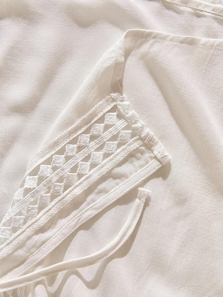 Tween Girls Plain Woven White Drawstring Relaxed Kimono Top, Vacation Bohemian Music Festival Style - White - View 1