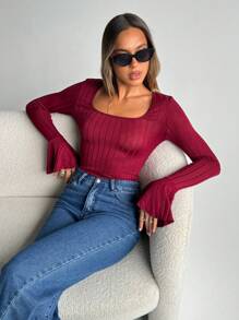 SHEIN Essnce Cổ vuông Tay áo loe Áo thun - Màu Hoa hồng đỏ - Xem 3