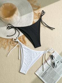SHEIN Swim Women Adjustable Tie Waist Sexy Rhinestone Decorated Bikini Bottom Swimwear, For Summer Beach Vacation - Black and White - View 5