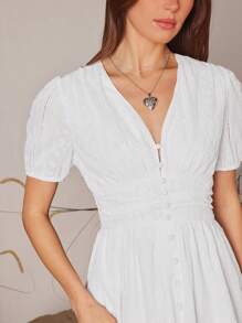 WESTFADE Embroidered Woven V-Neck Puff Sleeve Button Front Midi Dress - White - View 3
