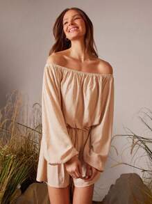 WESTFADE Boucle Dot Chiffon Off Shoulder Long Sleeve Crop Top & High Rise Smocked Waist Drawstring Relaxed Fit Shorts Women Two Pieces Set